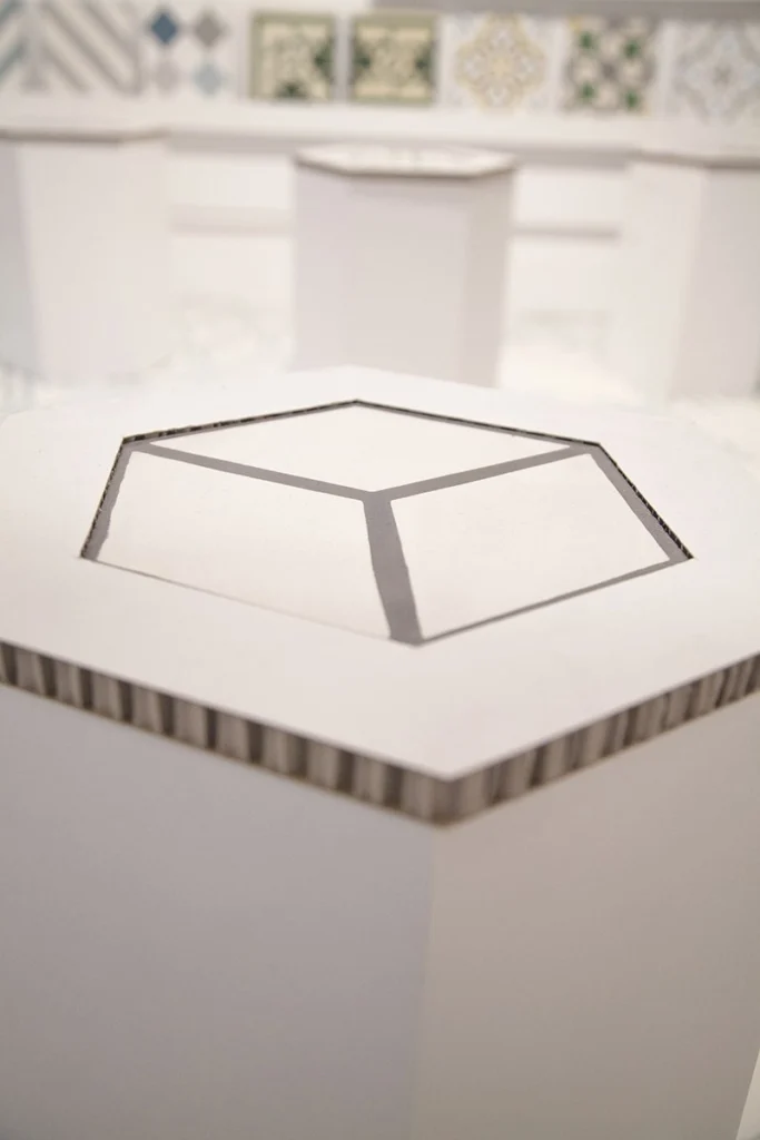 display-cartón-hexagonal-plegable-modular-ecológico-mosaista