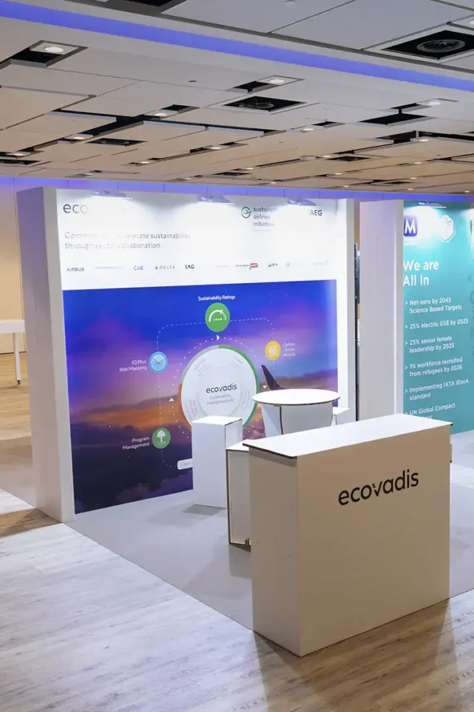 Pared trasera impresa y mobiliario completo en cartón para stand del evento IATA
